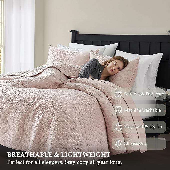palassio Pink 100% Cotton Quilt Queen Size Bedding Sets with 2 Pillow Shams, Textured Lightweight Soft Bedspread Shabby Chic Coverlet, Quilted Comforter Bed Cover for All Season, 3 Pieces