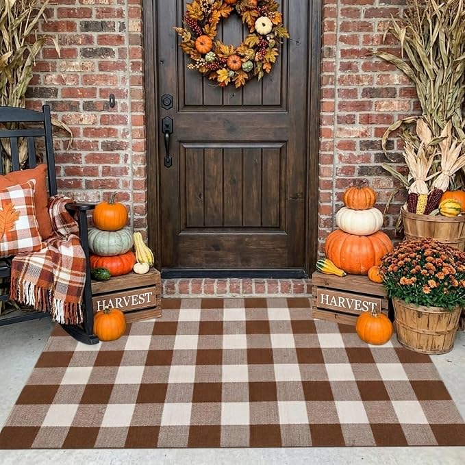 Buffalo Plaid Outdoor Rug 3x5 Ft Coffee and White Checkered Area Rug Washable Fall Doormats Indoor Outdoor Rugs for Layered Front Door Mats, Porch, Entryway, Kitchen, Farmhouse