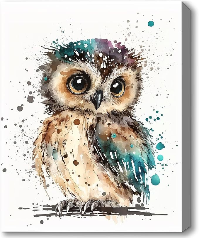C8BUSIS Cute Owl Canvas Wall Art Watercolor Abstract Animal Prints Splash-ink Bird Pictures Modern Framed Artwork for Bedroom Living Room Kitchen Bathroom Office Farmhouse Wall Decor, 12"x16"