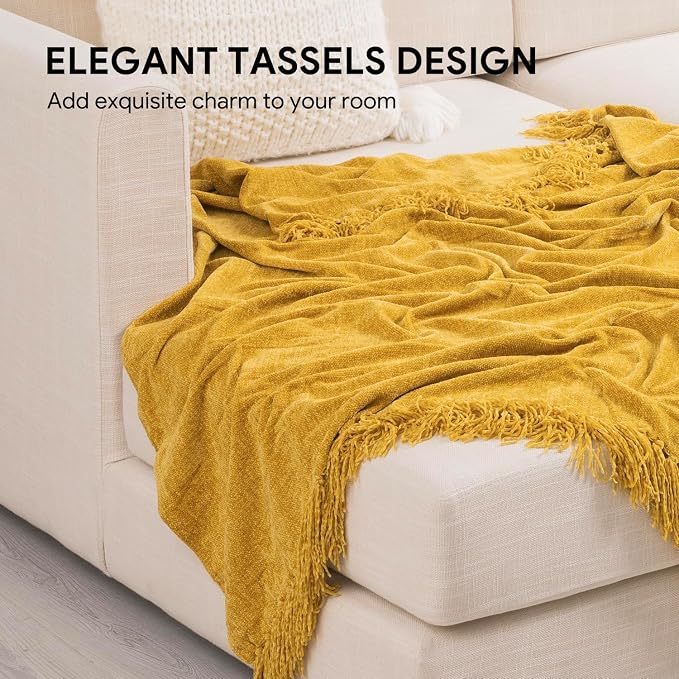 RECYCO Chenille Throw Blanket for Couch, 50"x60", Mustard Yellow | Super Soft Knit Throw Blanket with Fringe Tassels, Lightweight Knitted Throw, Cozy, Ideal for Sofa Chair Bed Living Room Gift