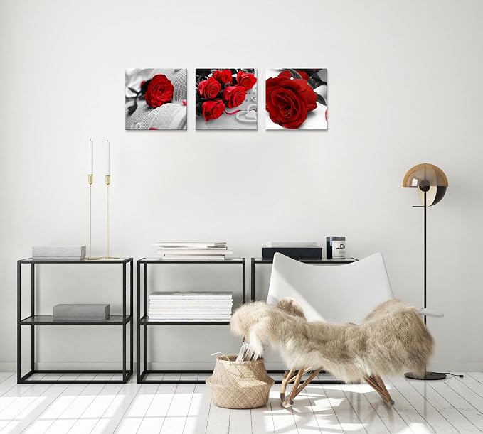 NAN Wind 3 Pcs Black White with Red Wall Art Red Rose Wall Decor Abstract Decorations Flower Picture on Canvas for Home Decor Stretched and Framed 12X12inches