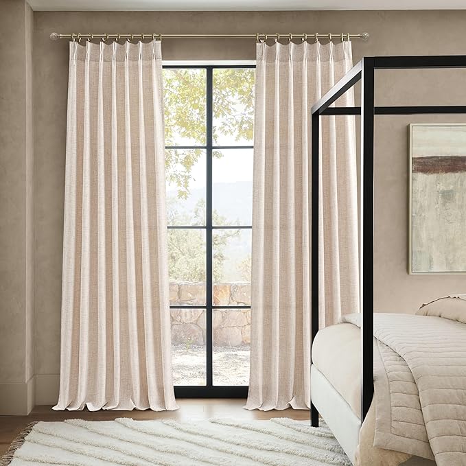 PleatedDrapes Modern Farmhouse Style Light Filtering Curtains for Living Room/bedroom, Country Rustic Oatmeal Beige Brown Curtains 108 Inches Long Flax Linen Pinch Pleated Sheer Canvas Muslin 2 Panels
