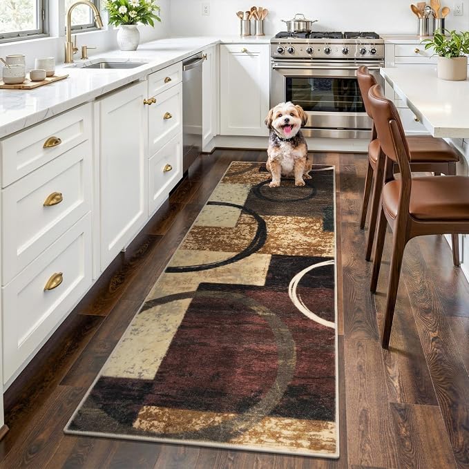 Yamaziot 2x6 Washable Modern Abstract Runner Rug Non-Slip for Hallways | Stain Resistant Kitchen Rug with Rubber Backing, Low Pile, Ultra Soft Carpet Runner for Bedroom, Laundry, Entryway, Brown