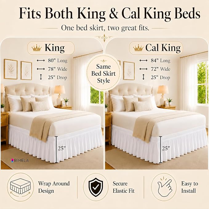 White Bed Skirt King Size 25 Inch Drop, Elastic Wrap Around Bedskirt | Solid Ruffled, Easy to Use, No Mattress Lifting, Wrinkle & Fade Resistant, with Adhesive Strips, Machine Wash/Dry/Iron