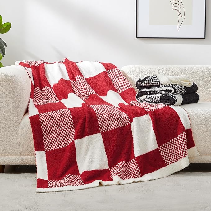 Snuggle Sac Checkered Blanket, Buffalo Plaid Checker, Lux Soft Fuzzy Cozy, Reversible Knitted, Red White, 60x80 inches