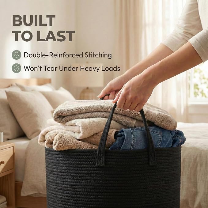 JMvicyroam 115L Extra Large Machine Washable Cotton Rope Blanket Basket | Collapsible laundry hamper, Reinforced handles, For blankets, pillows, toys and clothes, Living room and bedroom, Black