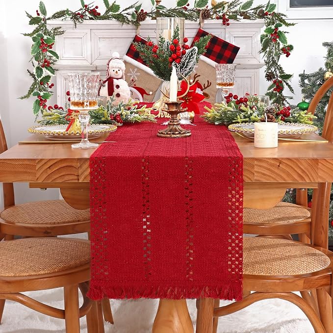 Macrame Table Runner Christmas Red Boho Table Runners with Tassels 12x71in | Alynsehom Hand Woven Cotton Table Runner Rustic Farmhouse Table Runners for Xmas Kitchen Dining Table