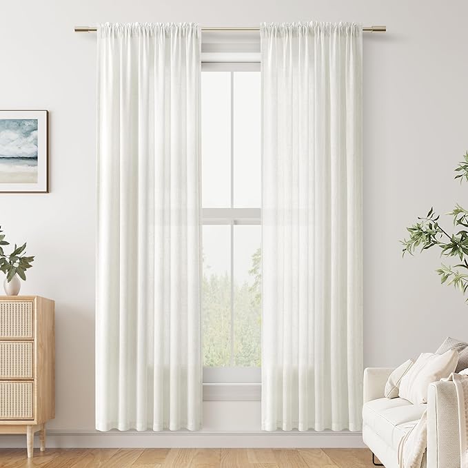 Linen Curtains 80 Inches Long 2 Panel Set Rod Pocket Semi Sheer Dining Room Cozy Bedroom Decor Cotton Look Country Rustic Farmhouse Boho Curtains Beige White, 52x80