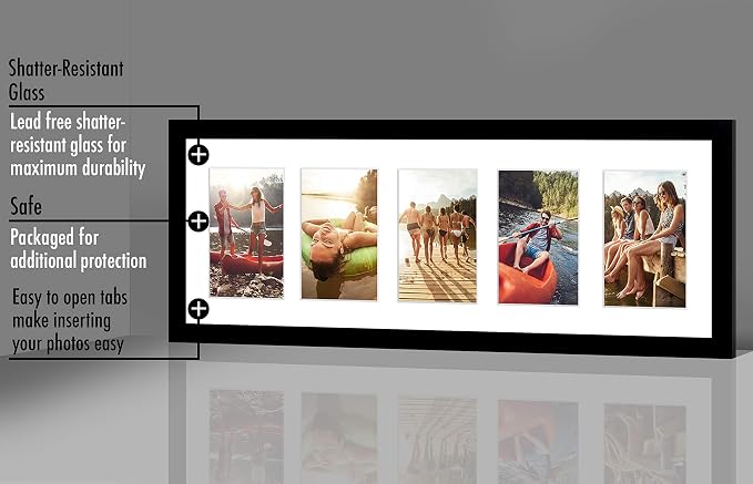 Americanflat 4x6 Collage Picture Frame with Shatter-Resistant Glass - Fits Five 4x6 Photos or Use as One 8x24 Picture Frame - Signature Collection - Collage Frames for Wall Display - Black