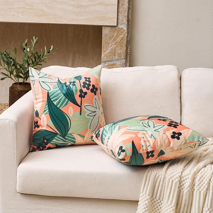 Tyrot Boho Floral Velvet Throw Pillow Covers 16x16 Inch Set of 2 Farmhouse Cushion Covers Mid Century Modern Botanical Home Decor Accent Pillow Cases for Couch Bed Sofa Living Room, Bedroom, Coral