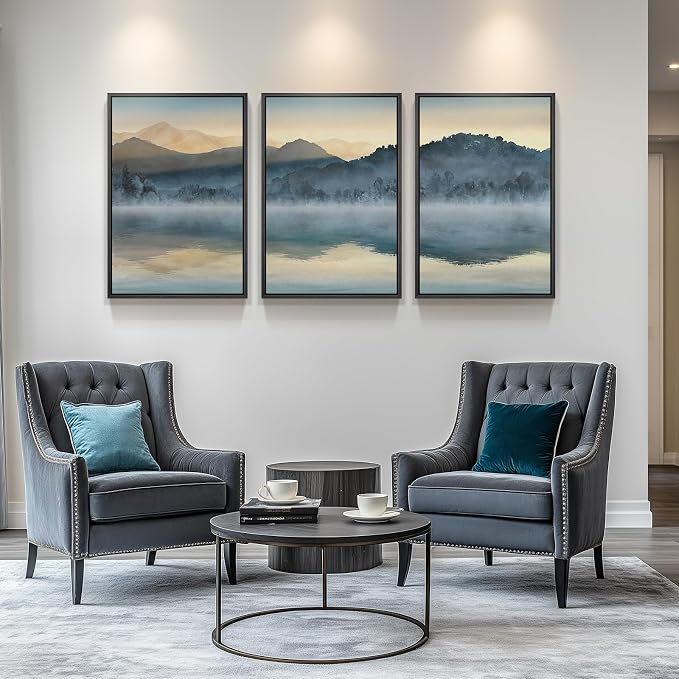 Framed Watercolor Mountain Landscape Wall Art for Living Room, 24x36 Inch | 3 piece, Modern, Minimalist, Large, Blue, Nature, Lake scenery, Dining room wall decor, Office art, Ready to hang, Wood frame