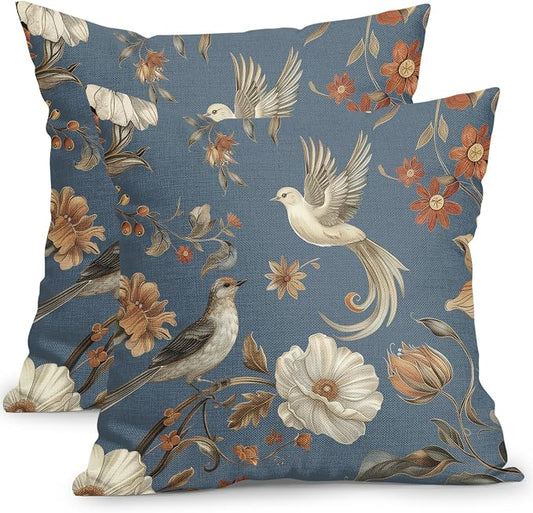 Kawani Vintage Floral Pillow Covers 18x18 Inch Set of 2 Blue Chinoiserie Flower and Bird Outdoor Decorative Throw Pillows Retro Rustic Pillowcases Farmhouse Cushion Covers for Couch Home Decor