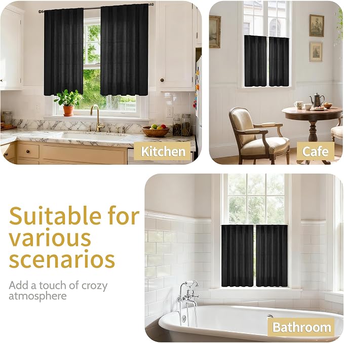 YoungsTex Black Linen Semi Sheer Curtains 45 Inches Long 2 Panels | Short Light Filtering Drapes with Back Tab Rod Pocket Gothic Decorative for Bedroom Living Room Window, 42 X 45 Inch