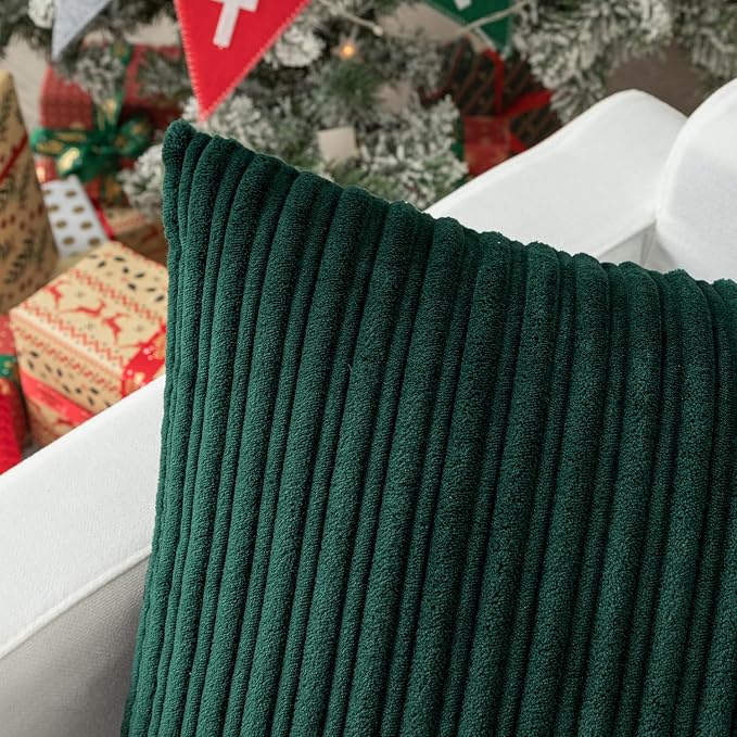 Kevin Textile Striped Corduroy 18”x18” Pillow Covers 2 Pack, Dark Green