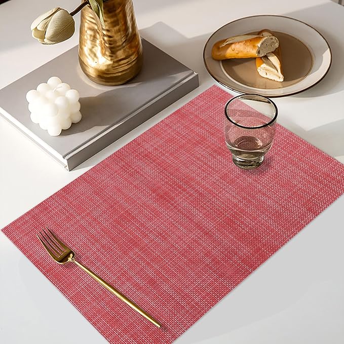 Vinyl Placemats Set of 8, PVC Woven Washable Non-Slip Table Mats, Heat Resistant Wrinkle Free Place Mats for Dining Table, Easy to Clean (8, Red)