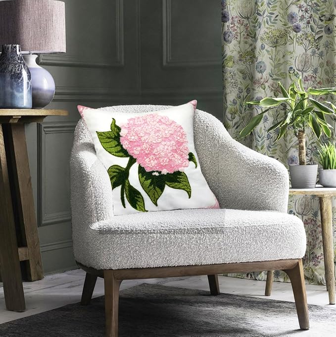 Alysheer Spring Hydrangea Embroidered Decorative Throw Pillow Covers 18"x 18" Set of 2, Summer Floral Tufted Patterned Light Pink Cotton Cushion Cases for Couch Bed Living Room Decor