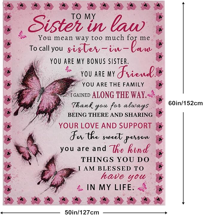 Sister in Law Gifts, Sister in Law Birthday Gifts, Gift for Birthday Mothers Day, Christmas, Soft Flannel Throw Blanket, Pink Butterfly, 60"x50"