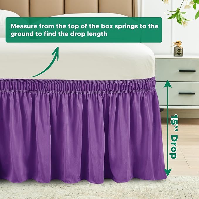 Wrap Around Bed Skirt King Size 15 Inch Drop-Elastic Dust Ruffle Eggplant | Adjustable Pleated Bedskirt-Easy Fit Wrinkle Resistant Washable Hotel Quality Fabric Bed Skirting-Master Guest Bedroom Rental