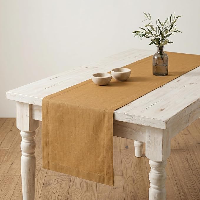 Solino Home 100% Pure Linen Table Runner Caramel Long, Fete 14 x 132 in | dresses up dining tables for everyday meals, European flax fibres, handloomed texture, machine washable, OEKO-TEX Certified