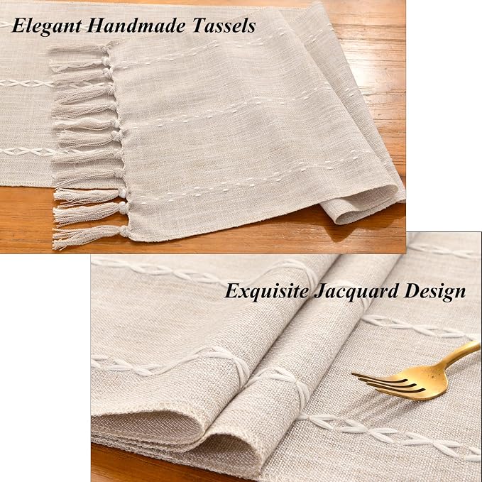 Wracra Rustic Linen Table Runner, Light Coffee Table Runners 60 inches Long | Raised Embroidered Design and Hand-Tassels;Cotton Linen Woven Fabric; Farmhouse Table Runner;Home Kitchen Dining Decor