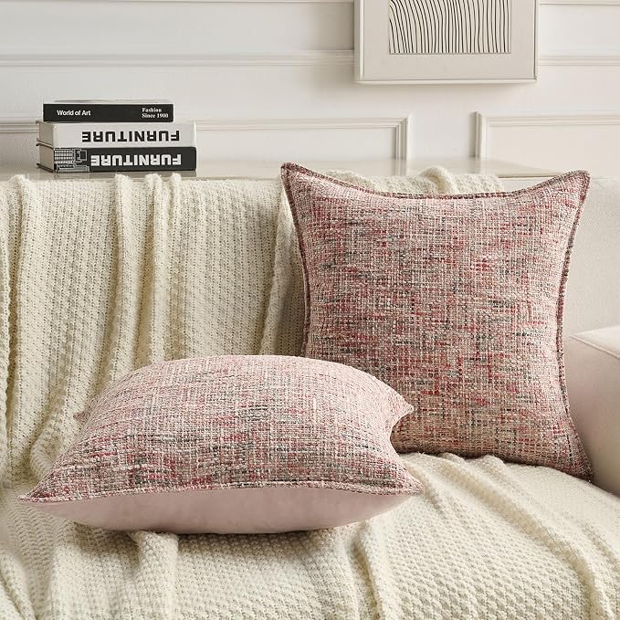 FUTEI Pack of 2 Chenille Tweed Vintage Throw Pillow Covers 18x18 Inch Soft Decorative Cushion Case Modern Farmhouse Accent for Couch Bed Living Room, Blush