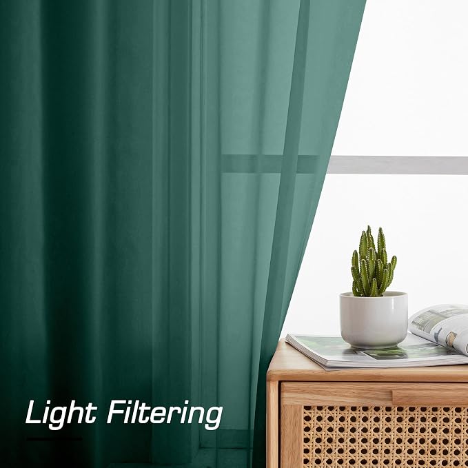 Simplebrand Hunter Green Sheer Curtains 72 Inches Long 2 Panels for Living Room, Rod Pockets Airy Window Treatments Voile Sheer Curtains Panels Lightweight for Front Back Patio Glass Door, 42" Width