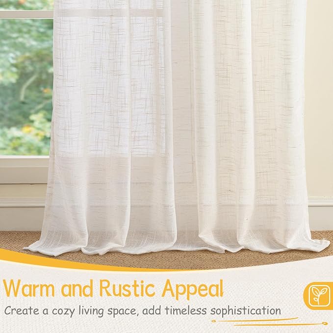 YoungsTex Extra Long Linen Curtains 108 Inch Length for Living Room - Semi Sheer Drapes Light Filtering with Rod Pocket Back Tab Rustic Lightweight for Bedroom Windows, 2 Panels, 52 X 108 Inch