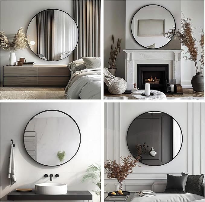 Round Mirror 28 inch, Round Black Mirror, Matte Black Metal Frame | High Definition Mirror, Rust-resistant, Easy Installation, Circular Mirrors for Living room Bedroom, Entrance, Restroom