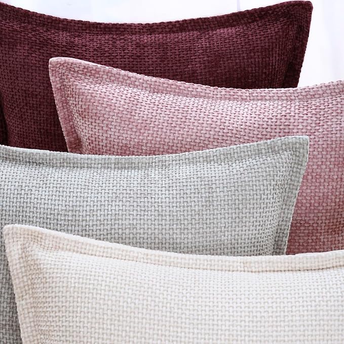 MADIZZ Decorative Chenille Velvet Throw Pillow Covers Set of 2 Soft Boho Textured Neutral Couch Throw Pillow for Bed Modern Farmhouse Home Decor for Sofa Livingroom Oatmeal 20x20 Inch