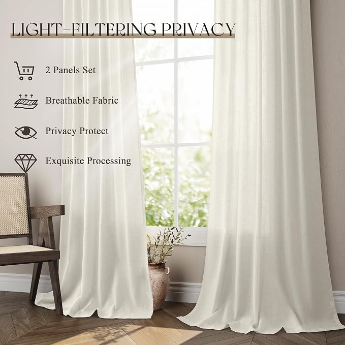 Jowels Warm Beige Linen Curtains 84 Inch Long 2 Panels for Living Room | Light Filtering Semi Sheer Curtain, Back Tab Pocket Pleated Look, Boho Farmhouse Textured Privacy Drapes for Bedroom Window