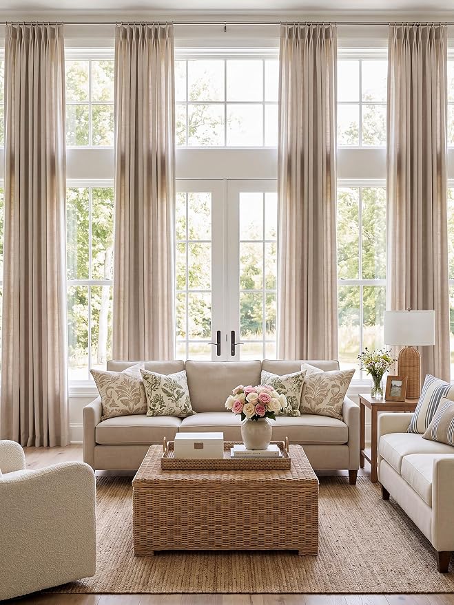 Pinch Pleated Linen Curtains 84 Inch Length 2 Panels, Light Filtering Linen Blend Drapes 40" W x 84" L, Natural Tapioca Neutral Curtains for Living Room Bedroom with Hooks