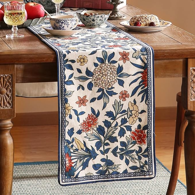 Patdrea Designer Vintage French Linen Table Runner,12"X87"-Ivar A | Elegant Tablerunner 87 Inches Long,Blue and White Floral Pattern,Decor Runner for Dining Room Living Room Banquet