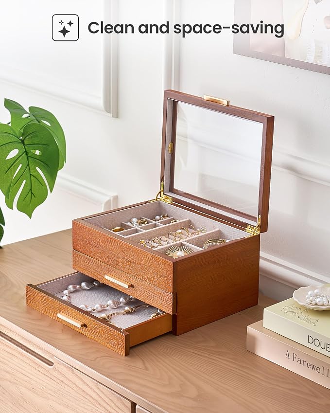 Lolalet Jewelry Box, Clear Window Wood Grain Jewelry Storage for Earrings Bracelets Necklaces Rings, High Capacity Organizer for Women, Valentine's Day Gift -Cherrywood, 3 Layers