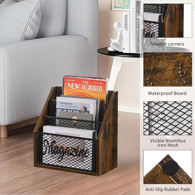 YINMIT 3 Tier Magazine Rack, Stepped Magazine Holder Floor for Home Storage | 3 Tier Stepped Design, Wood and Metal Construction, Easy Magazine Display, Book Organizer Basket for Living Room, Office