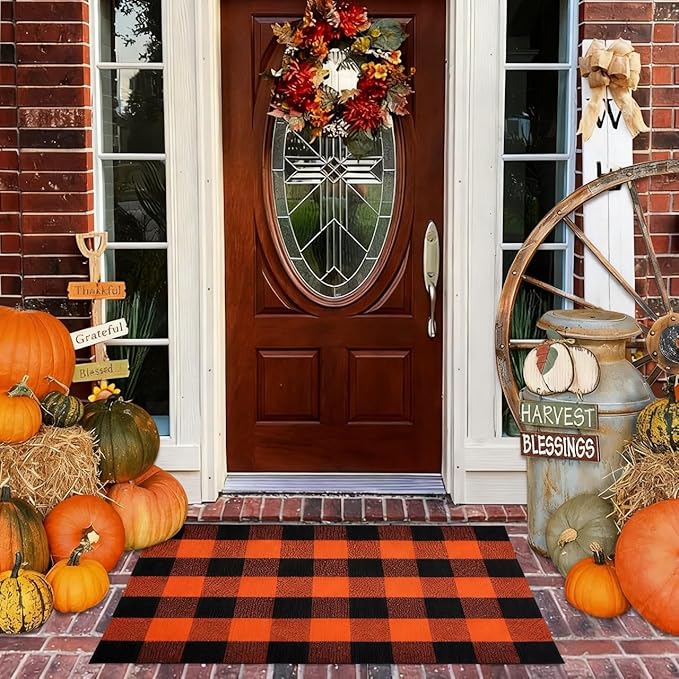 Buffalo Plaid Area Rug 27.5x43 in, Orange Black Indoor Outdoor Rug | Cotton Blend, Orange and Black Checkered, Machine Washable, Front Porch Entryway, Kitchen Bathroom