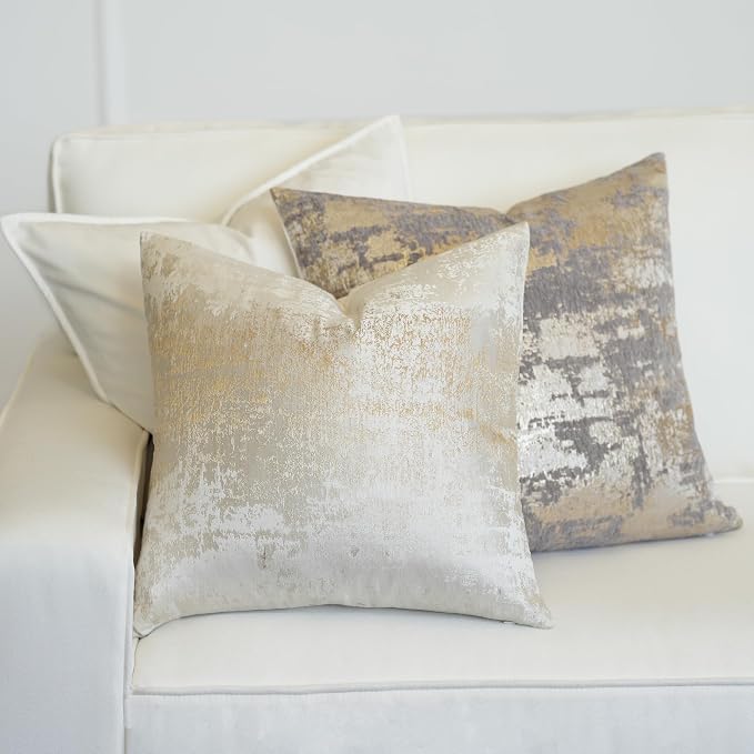 THE-TINOART Cream Champagne Metallic Jacquard Pillow Covers 20x20 Pack of 2 Velvet Back Modern Glam Sofa Decor