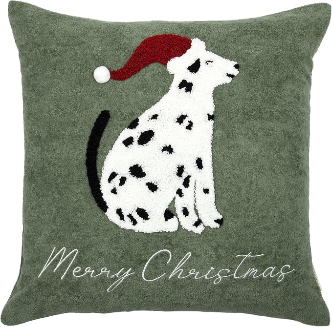 Cute Spotted Dog Christmas Pillow Covers 18x18, Embroidered Christmas Throw Pillow Covers Christmas Decorations Holiday Pillows for Home Couch, Green White/Black Velvet Cushion