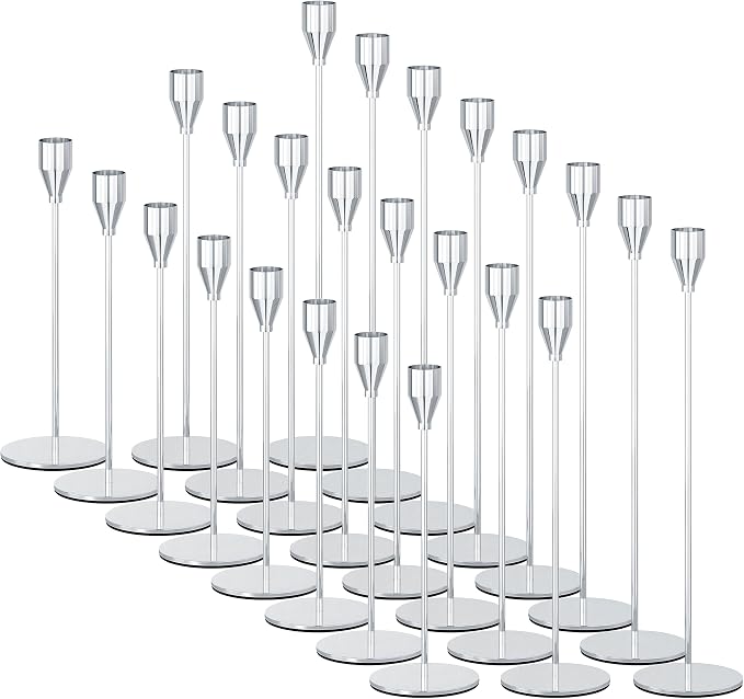 NLBTW 24 Pcs Silver Taper Candle Holder Bulks for Wedding Party Home Decor