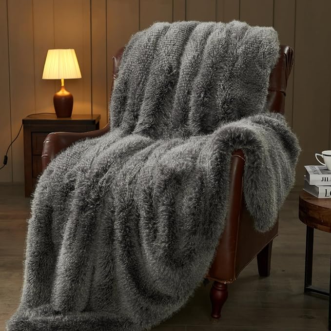NEWCOSPLAY Faux Fur Thick Twin Blanket for Couch, Black White, 60"x80" | Luxury Fluffy Thick Warm Blanket for Couch Sofa Bed 1000GSM, Soft Plush Cozy Decorative Throw, Gift for Women Men