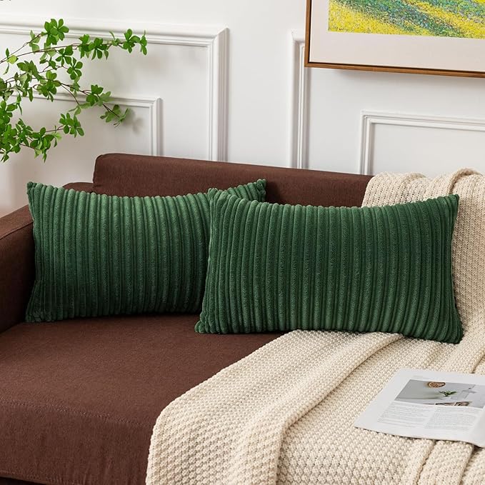 Kevin Textile Striped Corduroy 12”x20” Pillow Covers 2 Pack, Xmas Green