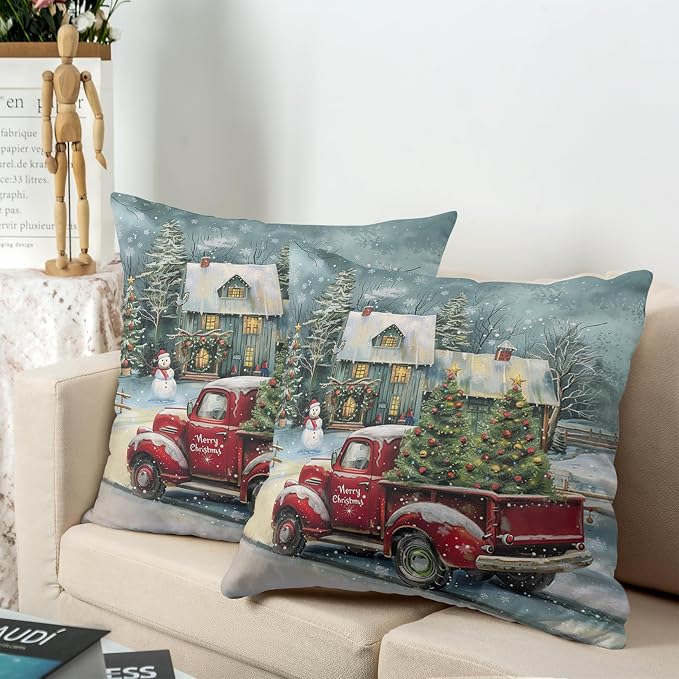 Christmas Red Truck Pillow Covers 16x16 Set of 2 Xmas Tree Cabin Snowman Pillow Case Merry Christmas Cushion Case for Winter Holiday Decorations Couch Bedroom