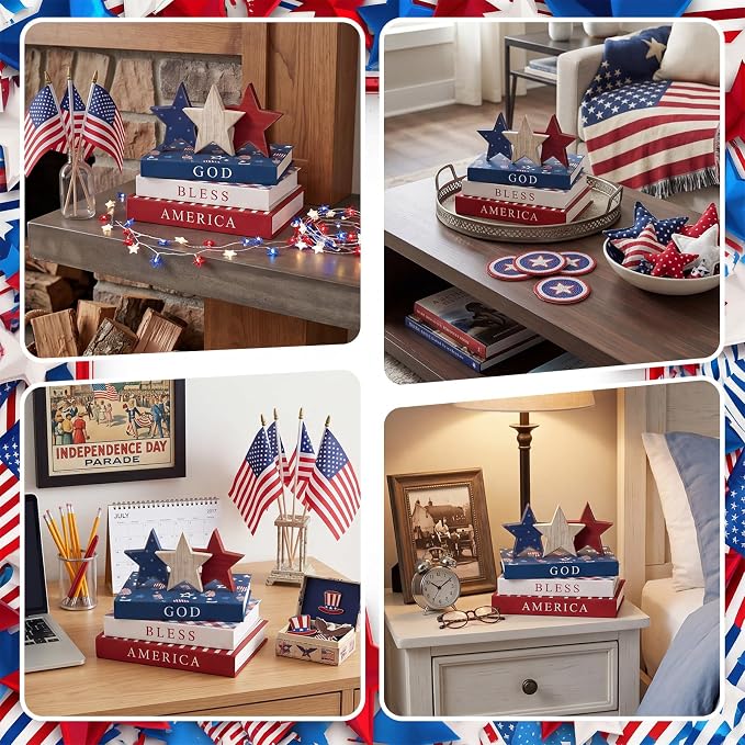 Thyle 4th of July Fake Decorative Books Wooden Star Table Signs Faux Stars Patriotic Decor for Independence Day 250th Anniversary Party Office Home Shelf Table Decor, 11 /9.9 / 9.1 Inch