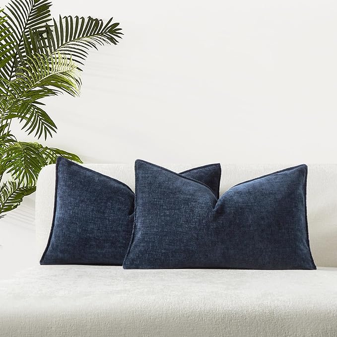JUSPURBET 12x20 Chenille Lumbar Throw Pillow Covers Set of 2,Navy Blue | Decorative Cozy Soft Cushion Covers Case with Hidden Zipper for Couch Sofa Bed Home Decor Living Room