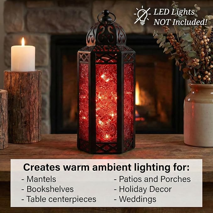 Vela Lanterns Decorative Indoor Moroccan Candle Holder Lamp, Red, M | Gothic Dark Academia Decor, Whimsigoth, Medieval & Vampire Decor, Hanging Turkish Lamp, Halloween Centerpiece, 10.5" Tall