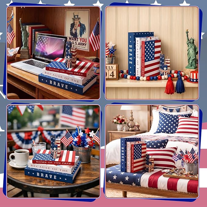 Thyle Decorative Books Fake Faux Aesthetic Coffee Table Books Decoration for Living Room Bedroom Office Shelf Bookshelf Decor,4th of July,Paper