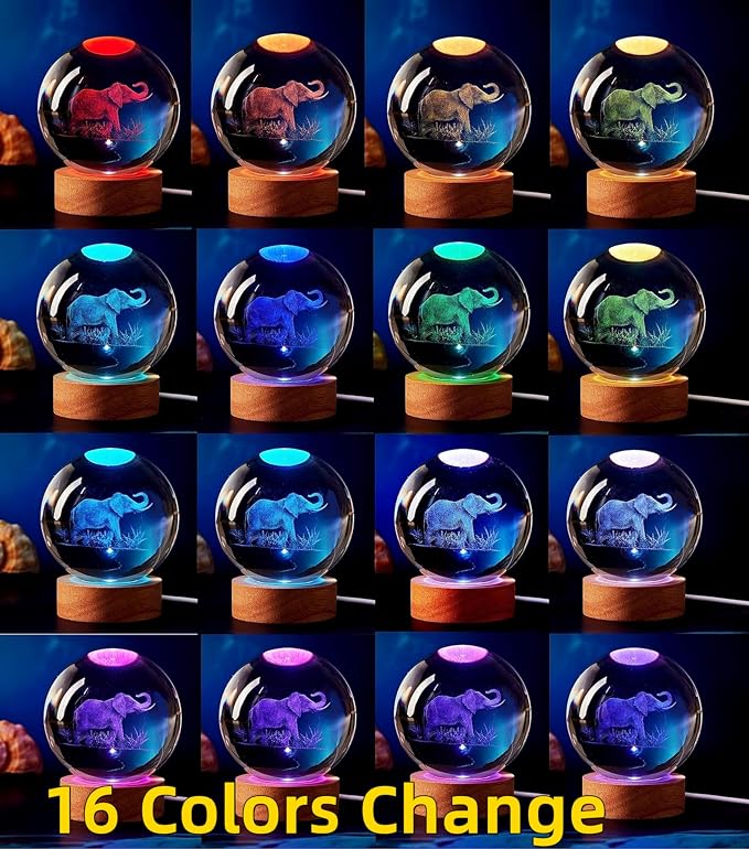3D Elephant Crystal Ball Lamp, Upgraded 3.15 Inch Elephant Crystal Ball Night Light with 16 Colors LED Wooden Base, Remote Control, Gift Box Packaging, Home Decor Gift for Friends (Elephant)