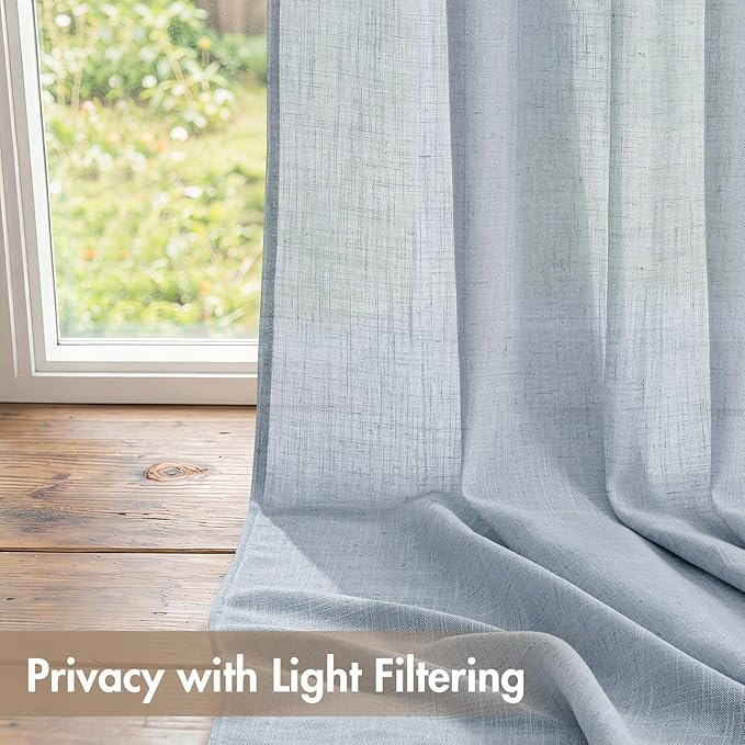 MIULEE Blue Back Tab Linen Curtains 4 Panels 42W x 84L | Linen material, light filtering, rod pocket back tab hanging, farmhouse decor for living room bedroom