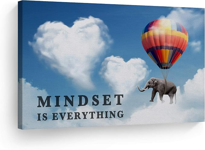 Smile Art Design Mindset is Everything Quote Elephant with Balloon Blue Sky Motivational Wall Art Canvas Print Inspirational Wall Art Entrepreneur Quote Office Decor Artwork Gift Ready to Hang 15x22