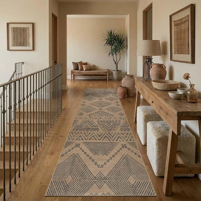 jinchan 3x10 Faux Jute Runner Rug Washable Boho Hallway Rug, Charcoal | Southwestern Geometric, Non-Slip Low Pile, Indoor Outdoor, High-Traffic, Kitchen, Bathroom, Laundry, Porch, Balcony, Entryway