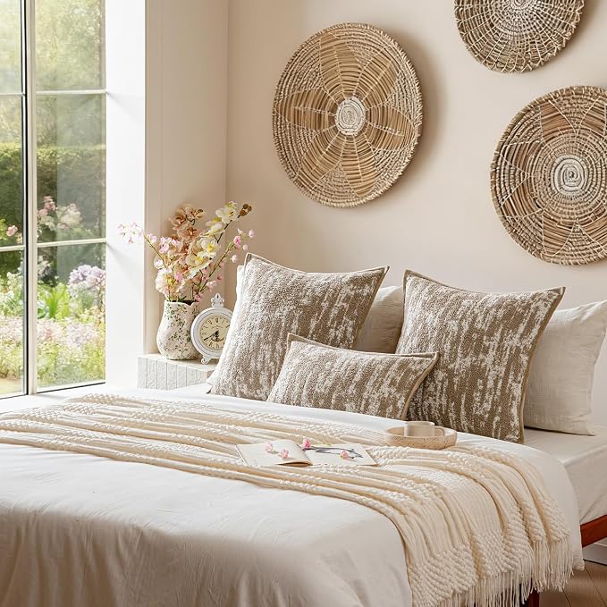 a moment Throw Pillow Covers 20x20 Inch Set of 2, Soft Textured Decorative Tie-Dye Style Cushion Covers, Modern Boho Farmhouse Home Decor Pillow Cases for Couch, Bed, Living Room,Khaki